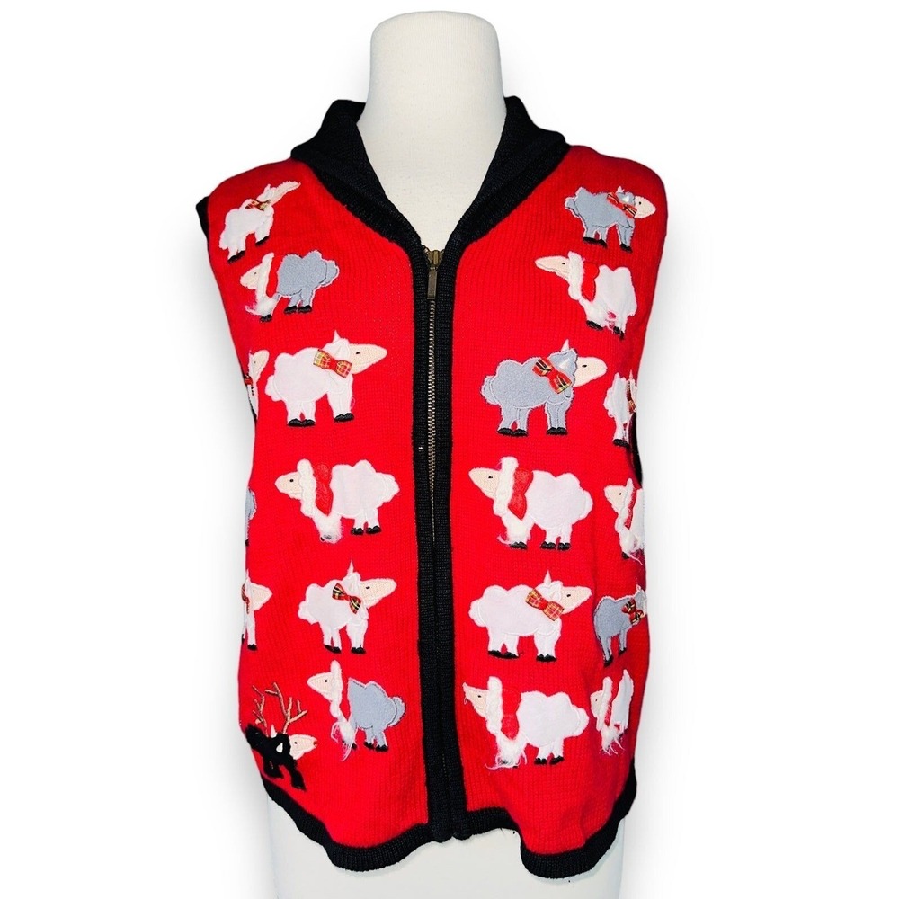 Bechamel Ugly Christmas Sweater Zip Up Vest Sheep Large Red‎ N6